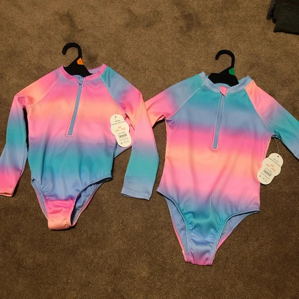 wonder nation Kids Long-Sleeve One-Piece Swimsuit Pink Blue Purple Ombre 4t 5T